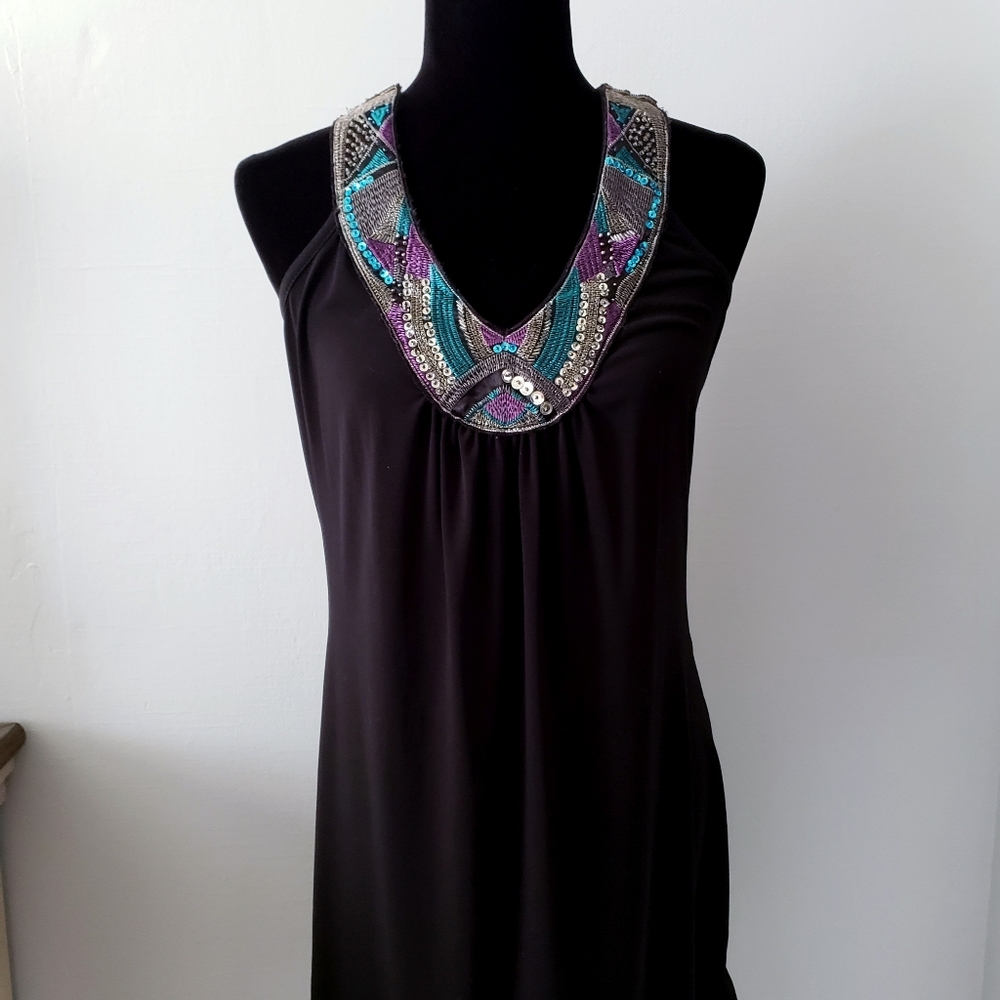 BCX Black Midi Dress with Beaded Teal & Purple Neckline
